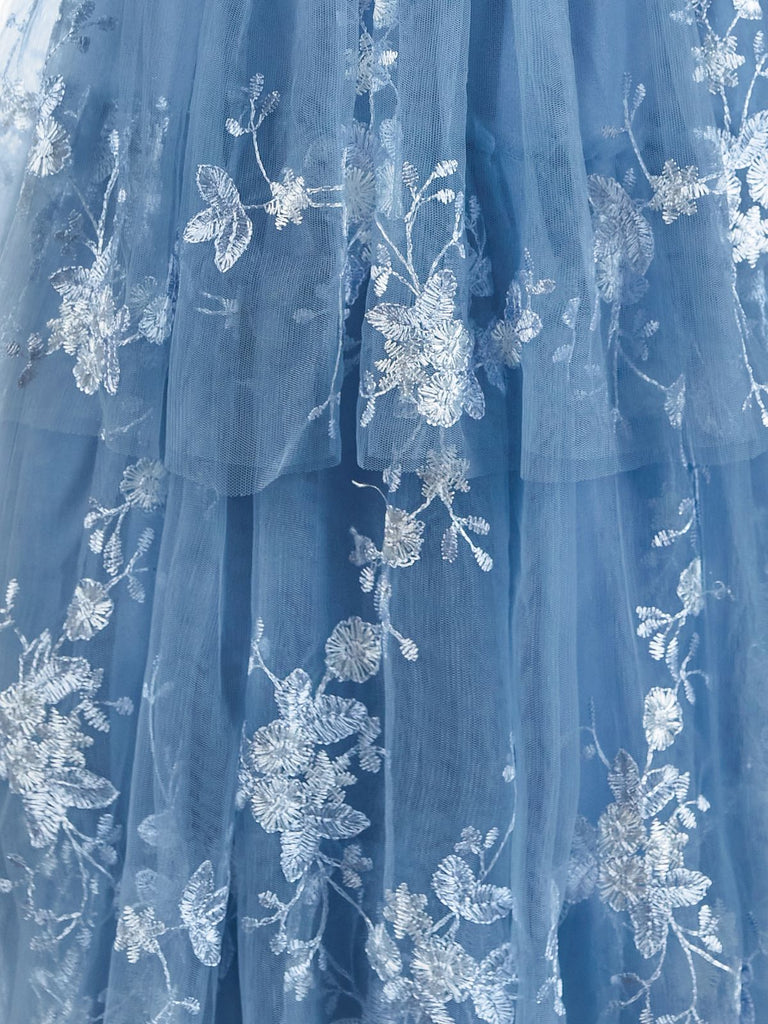 Robe Maxi à Volants Étagés en Tulle Floral et Dentelle Bleu Années 1930