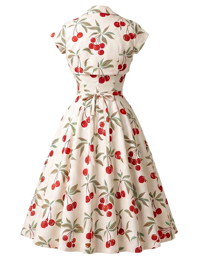 [Prévente] Robe Évasée Blanche Cerises Col Cœur Années 1950