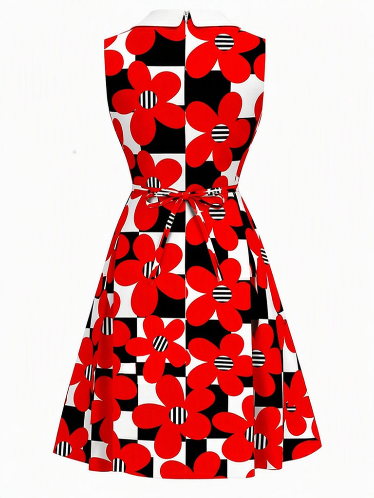 [Prévente] Robe Mod à Carreaux Floral avec Nœud Rouge Années 1960