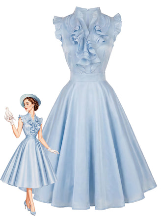 [Prévente] Robe évasée bleu clair unie à volants et col V Années 1950