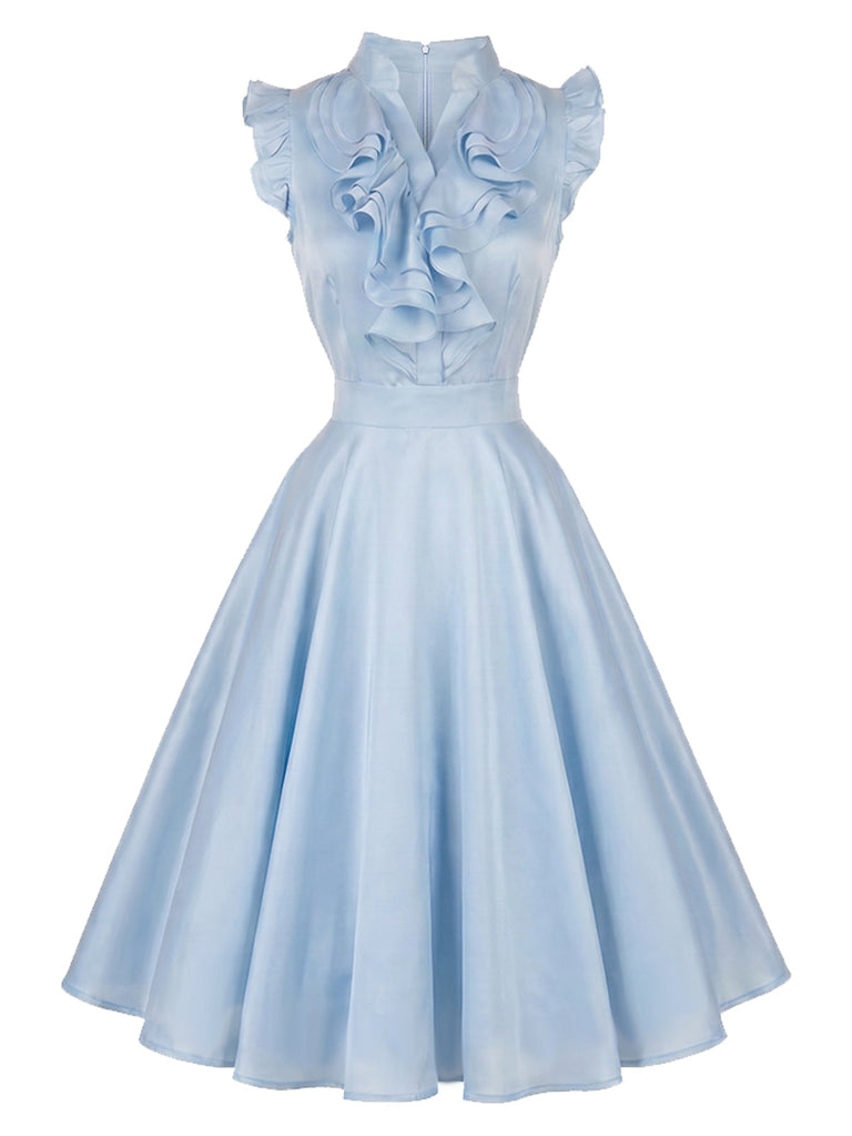 [Prévente] Robe évasée bleu clair unie à volants et col V Années 1950