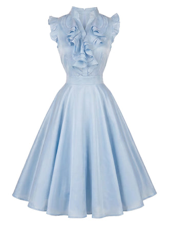 [Prévente] Robe évasée bleu clair unie à volants et col V Années 1950