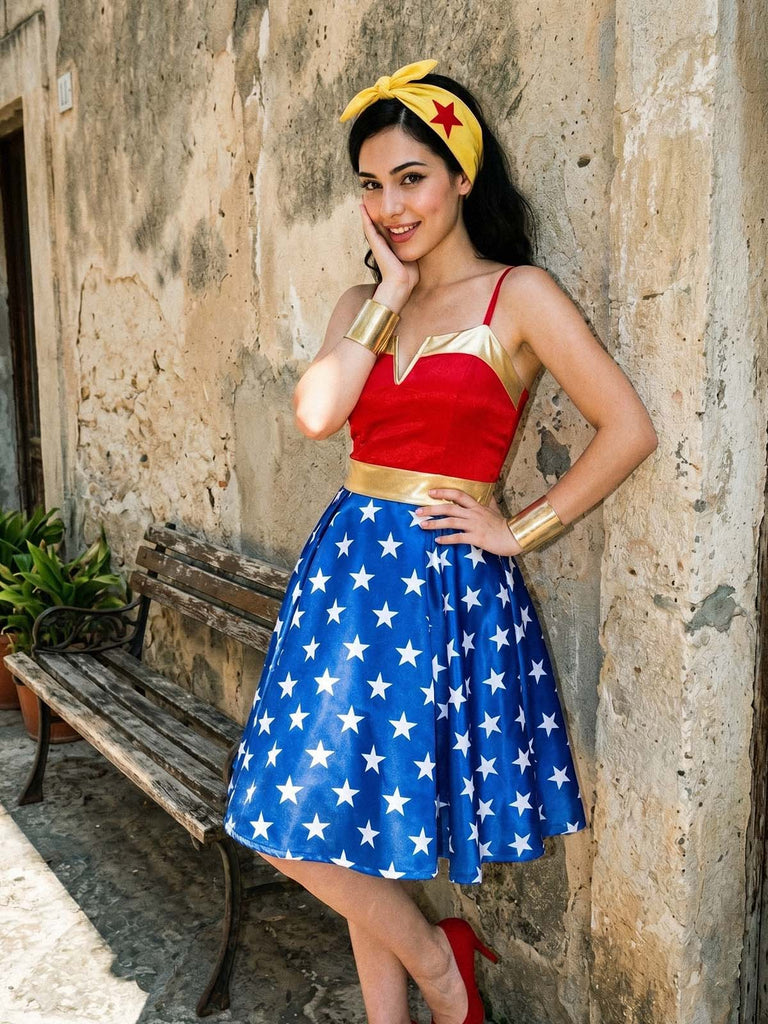 [Prévente] Robe Wonder Woman Étoile Imprimé Évasé Fête Années 1950 3
