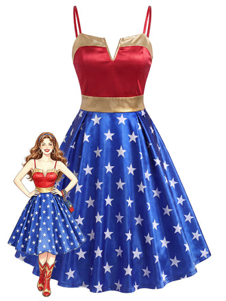 [Prévente] Robe Wonder Woman Étoile Imprimé Évasé Fête Années 1950