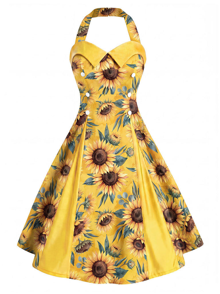 [Prévente] Robe Jaune Sunflower Dos Nu Box-Plissé Années 1950 3