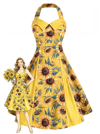 [Prévente] Robe Jaune Sunflower Dos Nu Box-Plissé Années 1950