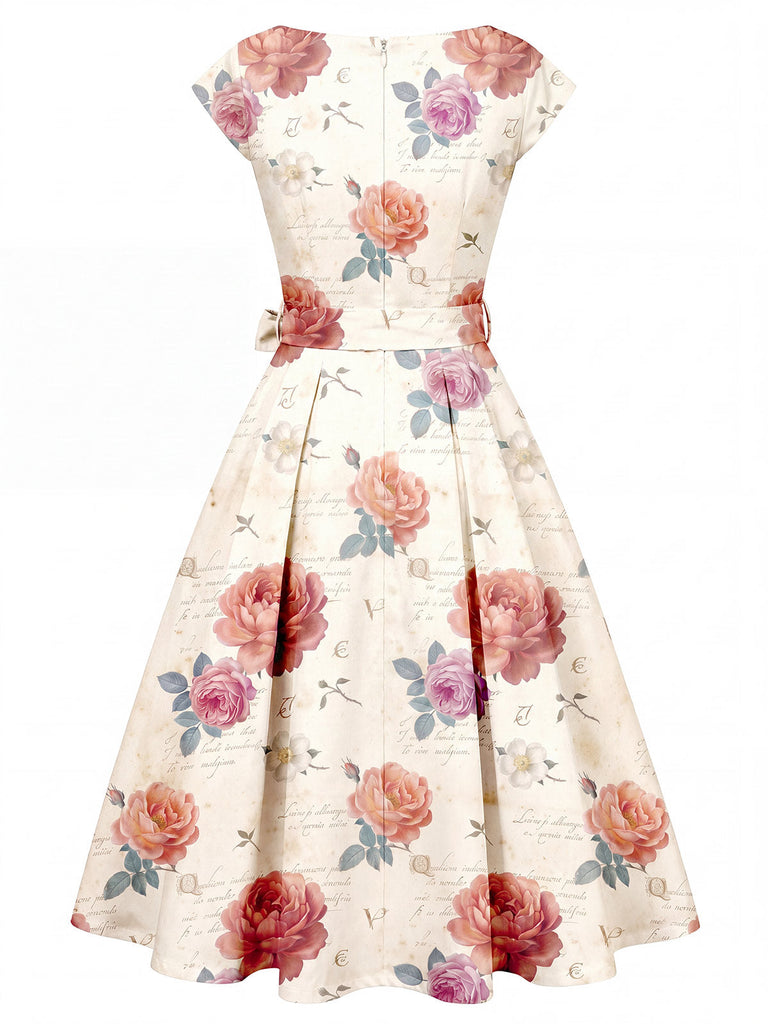 [Prévente] Robe Ivoire Rose Floral Vintage Nœud Midi Années 1950 3