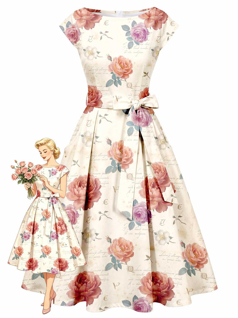 [Prévente] Robe Ivoire Rose Floral Vintage Nœud Midi Années 1950