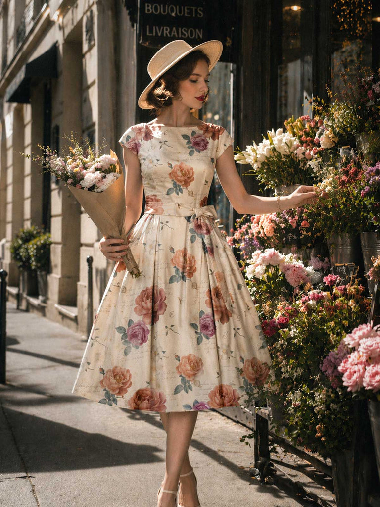 [Prévente] Robe Ivoire Rose Floral Vintage Nœud Midi Années 1950 4