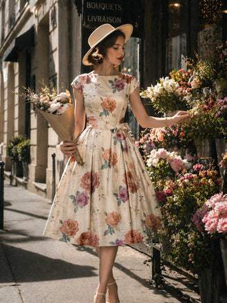 [Prévente] Robe Ivoire Rose Floral Vintage Nœud Midi Années 1950 4