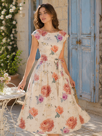 [Prévente] Robe midi vintage ivoire motif floral roses et nœud années 50