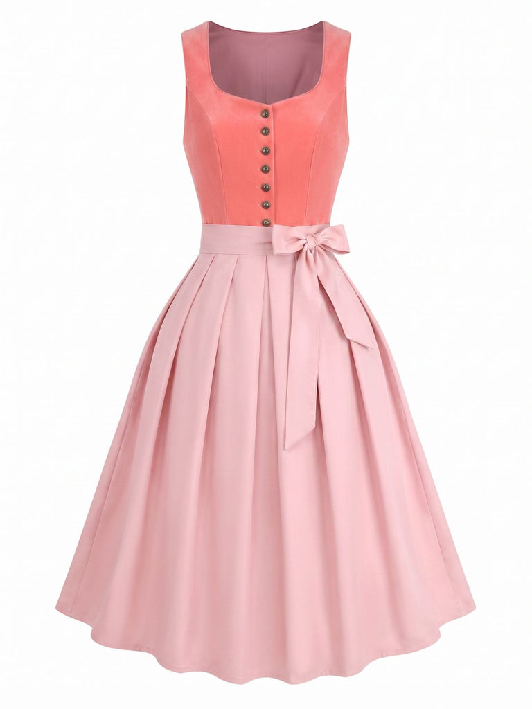 Robe en Velours à Col Cœur avec Boutons et Tablier Rose Années 1950