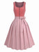 Robe et tablier roses velours encolure en cœur et boutonnage sur le devant années 1950