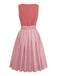 Robe et tablier roses velours encolure en cœur et boutonnage sur le devant années 1950