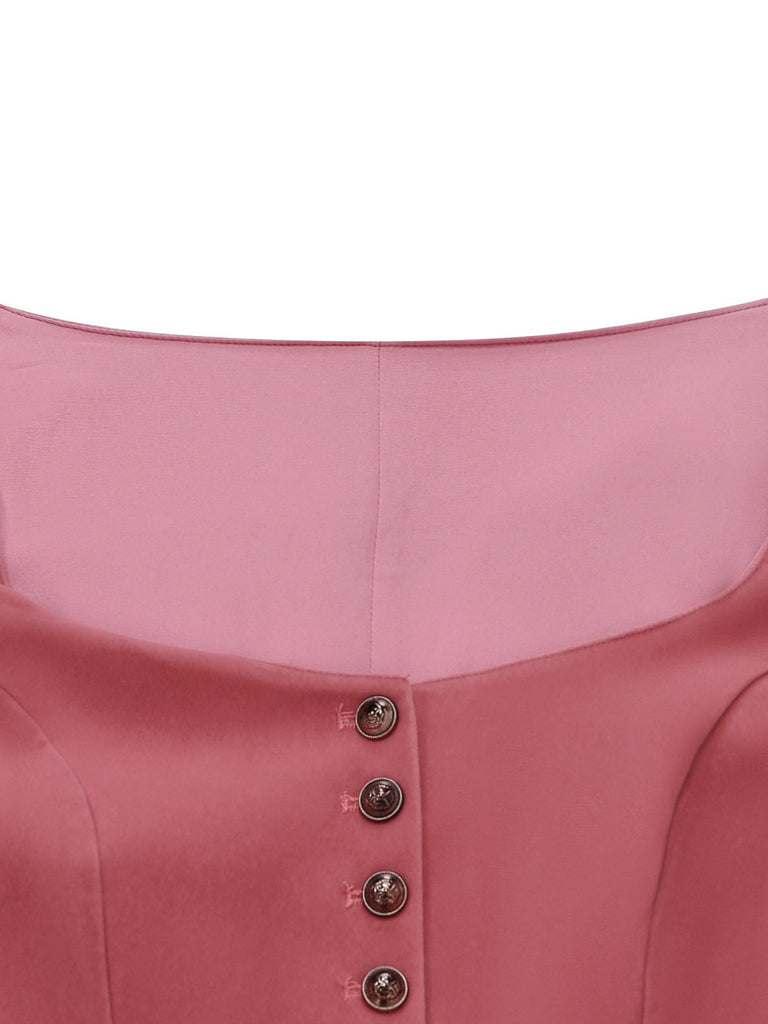 Robe et tablier roses velours encolure en cœur et boutonnage sur le devant années 1950