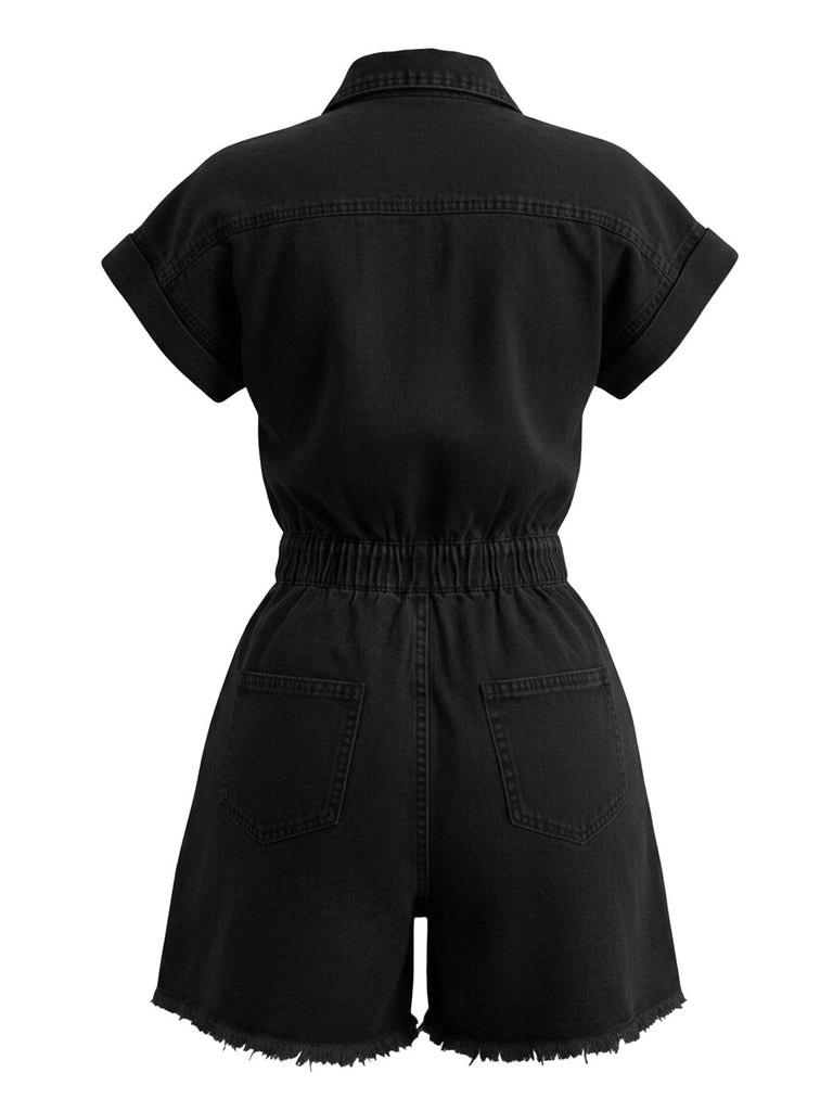 Combishort en Denim Délavé à Ourlet Effiloché avec Col Années 1970