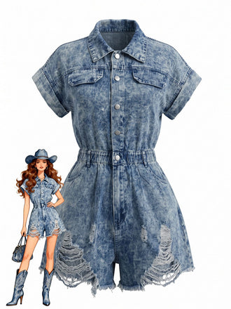 Combishort en Denim Délavé à Ourlet Effiloché avec Col Années 1970