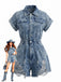 Combishort en Denim Délavé à Ourlet Effiloché avec Col Années 1970
