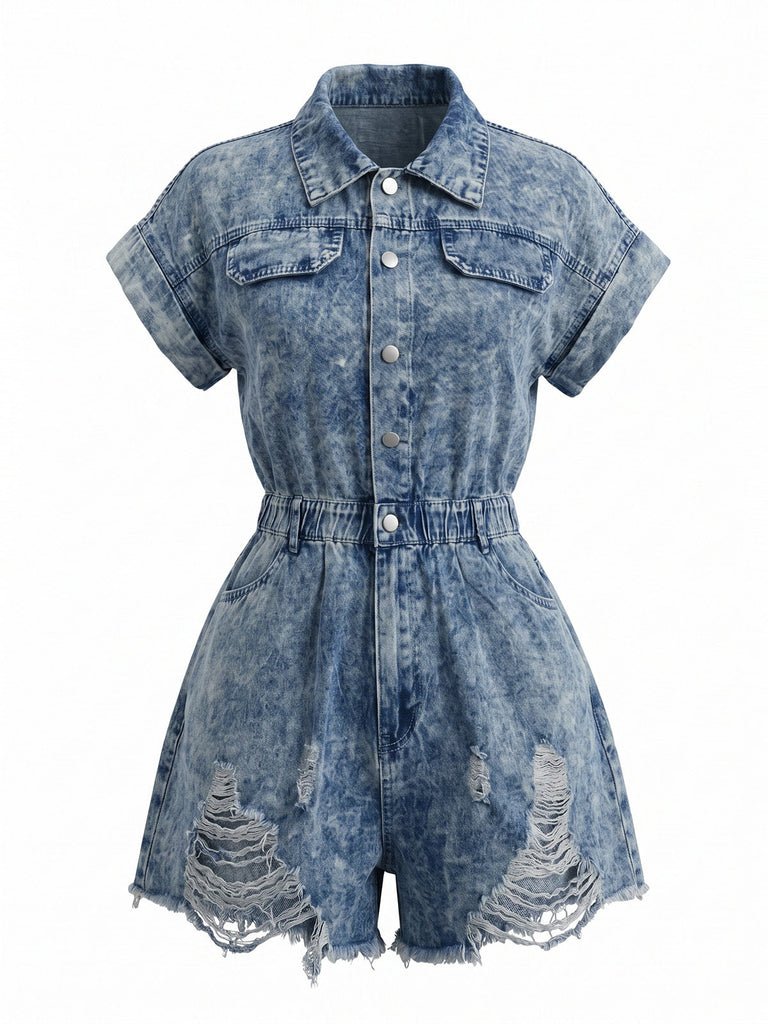 Combishort en Denim Délavé à Ourlet Effiloché avec Col Années 1970