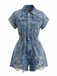 Combishort en Denim Délavé à Ourlet Effiloché avec Col Années 1970