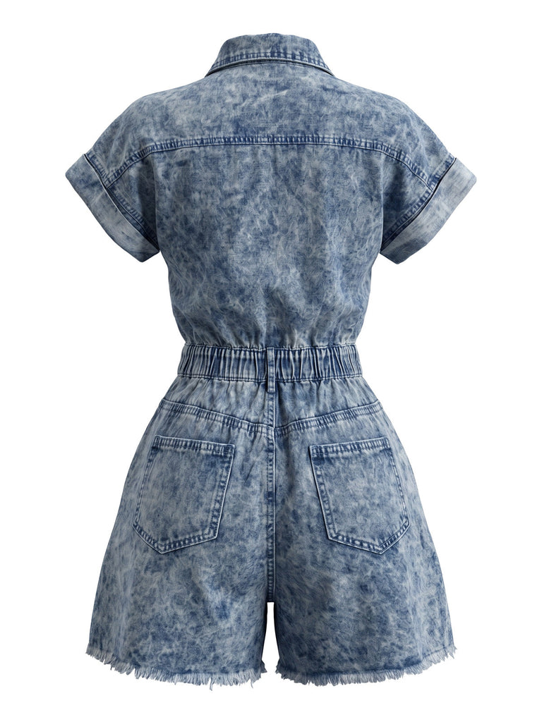 Combishort en Denim Délavé à Ourlet Effiloché avec Col Années 1970