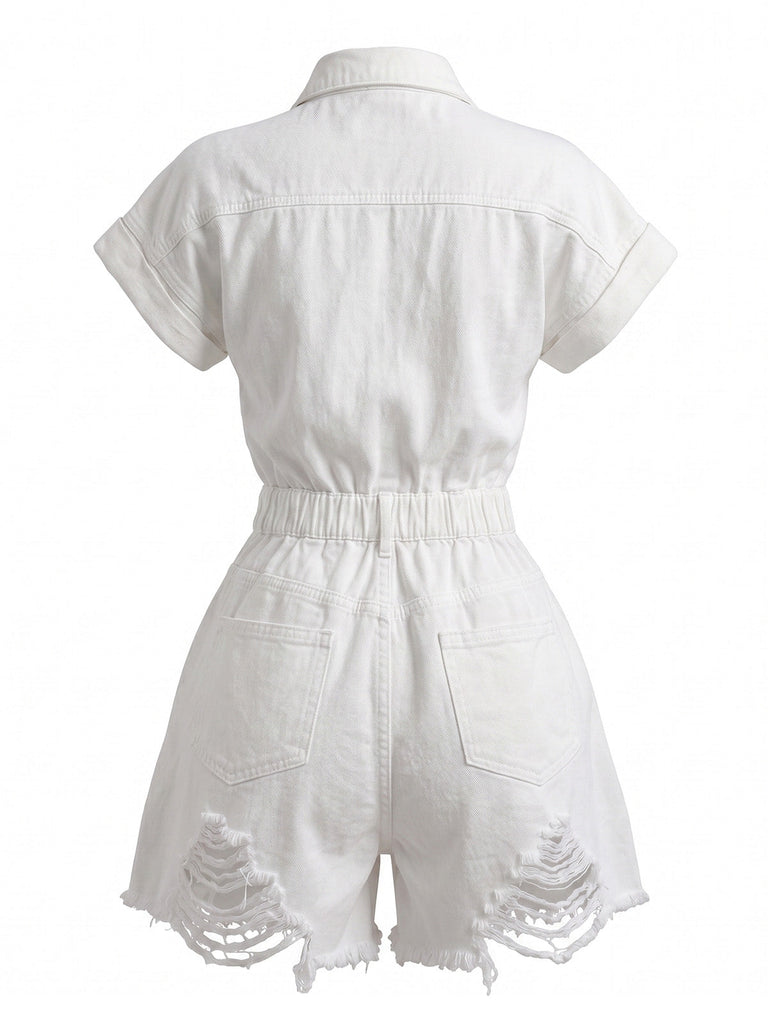 Combishort en Denim Délavé à Ourlet Effiloché avec Col Années 1970