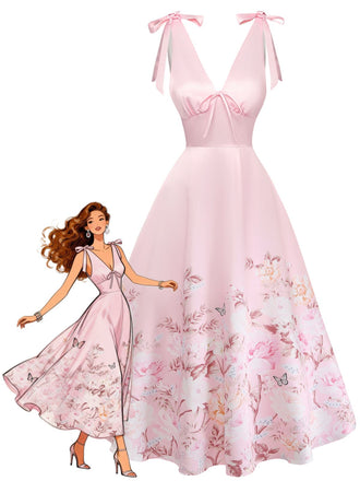 Robe Florale à Col V avec Nœud aux Épaules Rose Années 1940
