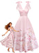 Robe Florale à Col V avec Nœud aux Épaules Rose Années 1940