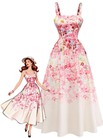Robe Rose Floral Sans Manches Midi Années 1940
