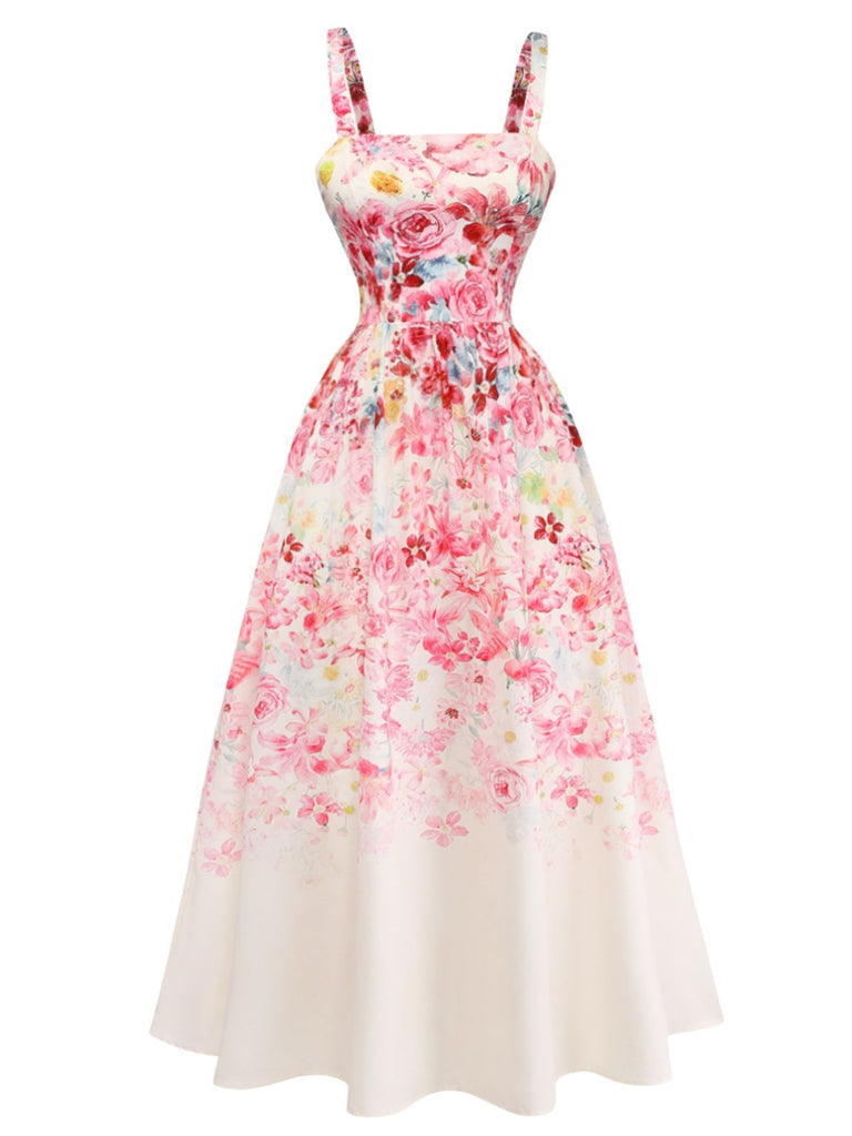 Robe Rose Floral Sans Manches Midi Années 1940