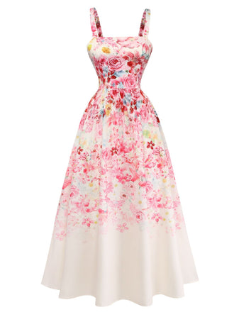 Robe Rose Floral Sans Manches Midi Années 1940