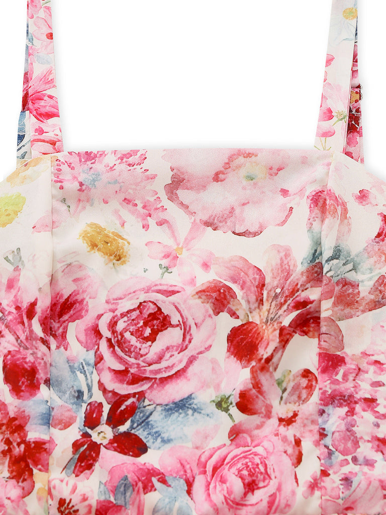 Robe Rose Floral Sans Manches Midi Années 1940