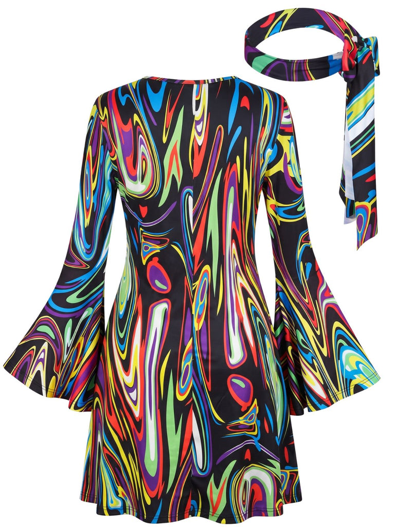 Mini Robe Imprimé Psychédélique Manches Évasées avec Bandeau Années 1970 2