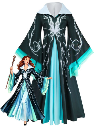 Halloween Noir et Bleu Éclair Sorcier Cape Costume Robe Années 1940