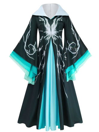 Halloween Noir et Bleu Éclair Sorcier Cape Costume Robe Années 1940