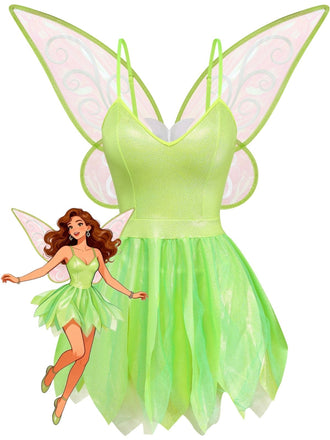Robe de fée verte scintillante à ourlet feuillage avec ailes années 1950