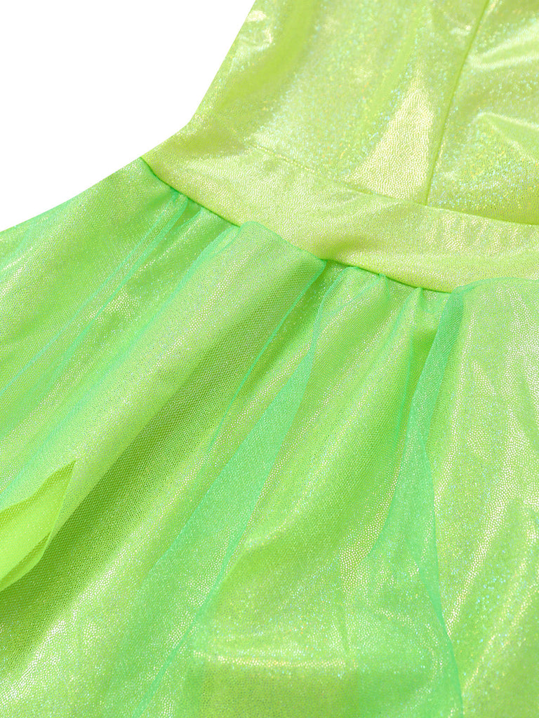 Robe de fée verte scintillante à ourlet feuillage avec ailes années 1950