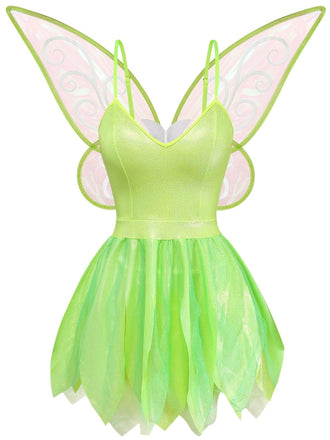Robe de fée verte scintillante à ourlet feuillage avec ailes années 1950