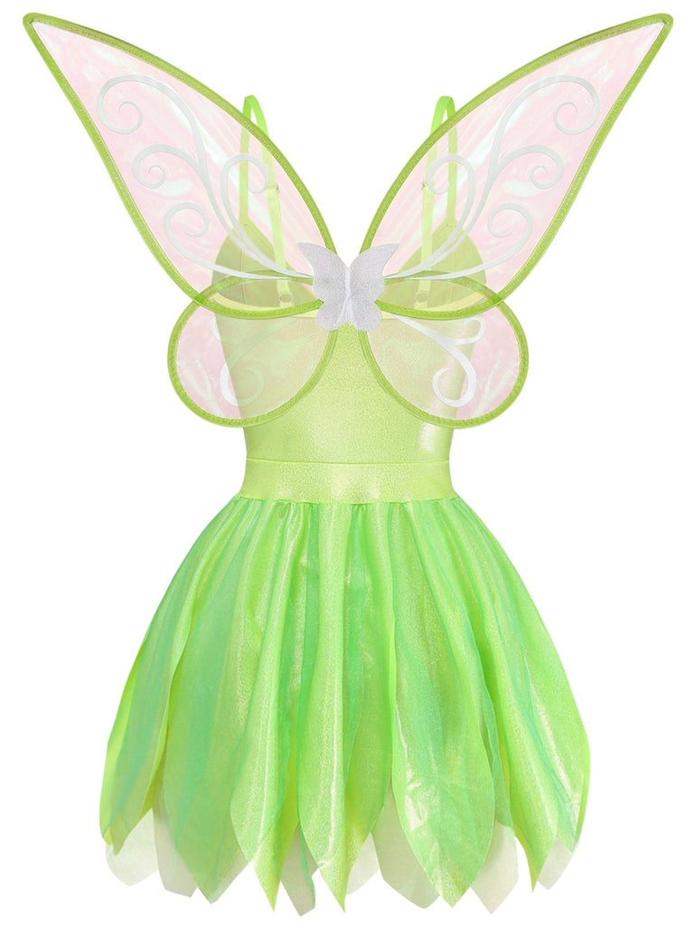 Robe de fée verte scintillante à ourlet feuillage avec ailes années 1950