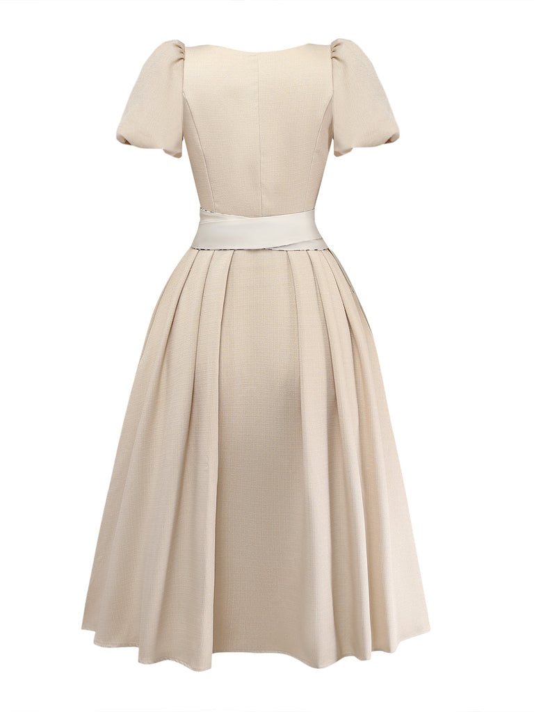 2PCS Robe Col Carré Beige Manches Bouffantes & Tablier Années 1950 2
