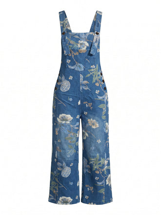 Deep Blue 1950s Floral Denim Classic Jumpsuit