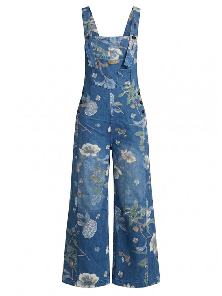 Salopette Imprimée Fleur Denim avec Poches Bleu Années 1950