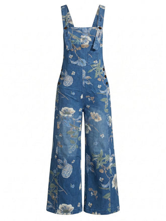 Salopette Imprimée Fleur Denim avec Poches Bleu Années 1950