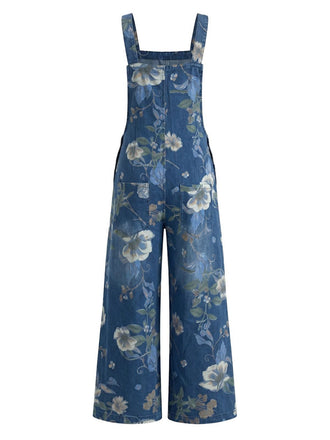 Salopette Imprimée Fleur Denim avec Poches Bleu Années 1950