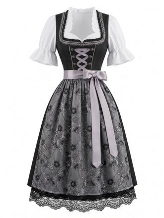3PCS Top Évasé et Robe à Col Carré et Tablier en Dentelle Noir Années 1950