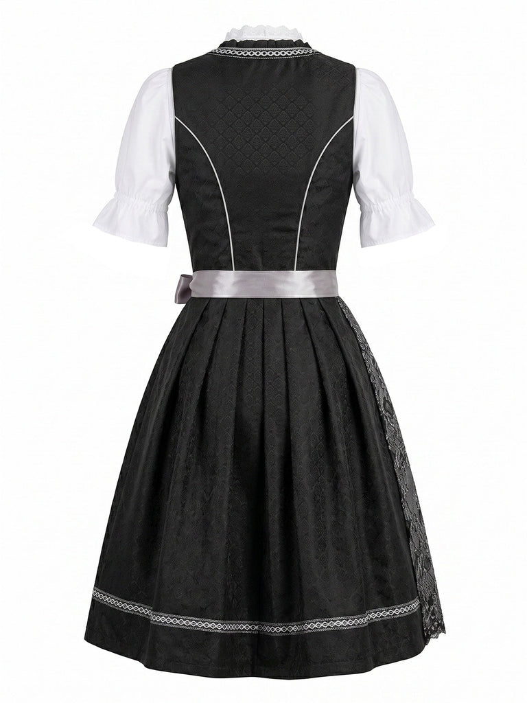 3PCS Top Évasé et Robe à Col Carré et Tablier en Dentelle Noir Années 1950