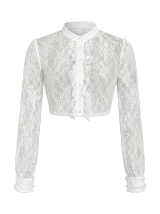 Blouse Courte Blanche Dentelle Col Mao à Volants Années 1950