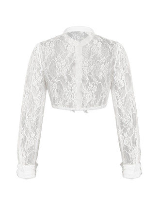 Blouse Courte Blanche Dentelle Col Mao à Volants Années 1950 2