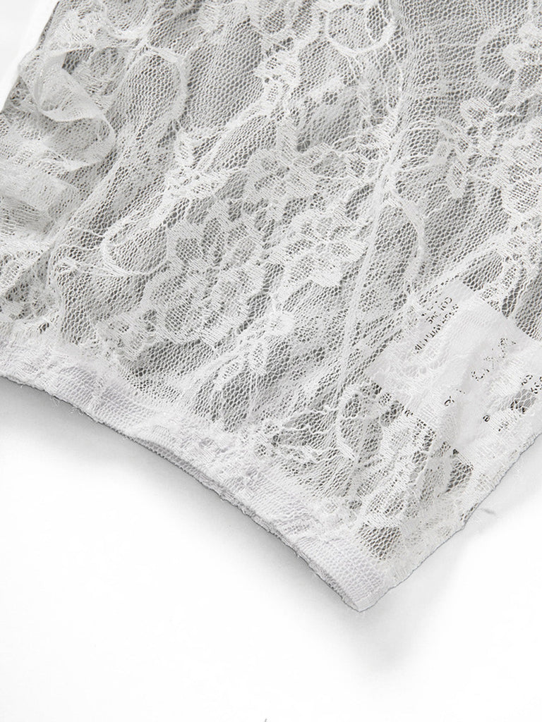 Blouse Courte Blanche Dentelle Col Mao à Volants Années 1950 5