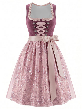 Robe Florale Rose Foncé Col Carré avec Tablier Pailleté Années 1950